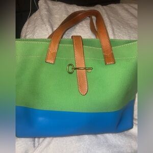 Fossil ada tote bag blue and green thick outer canvas and leather inside